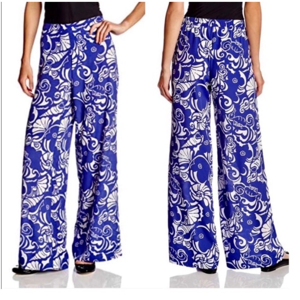 Lilly Pulitzer Middleton Blue White Seashell Wide Leg Palazzo Pants Size L Beach